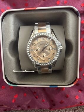 Fossil Two-Tone Silver and Rose Gold Crystal-Accent Women's Watch